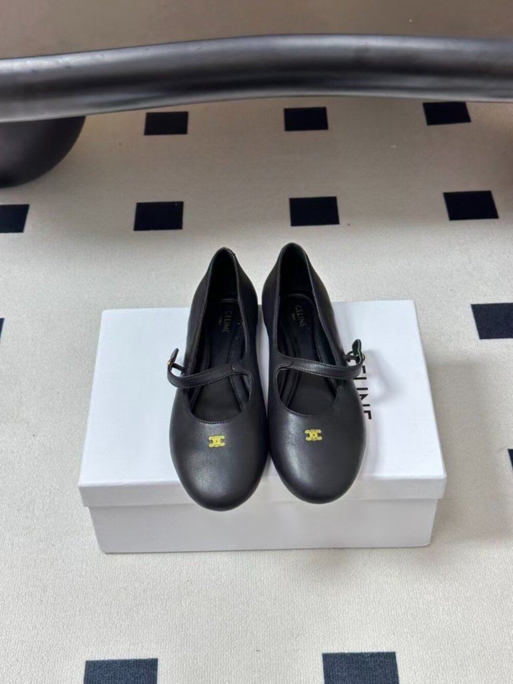 Celine Black Leather Mary Jane Flats Gold Triomphe Round Toe Strap Ballet Shoes